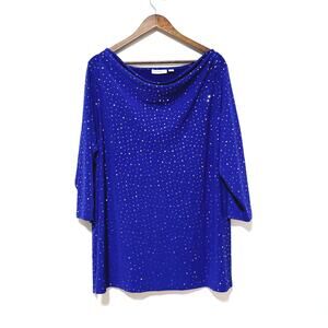 Susan Graver Liquid Knit Blouse Blue Gold Polka-dots 3/4 Sleeve Glam Boho Sz 2X
